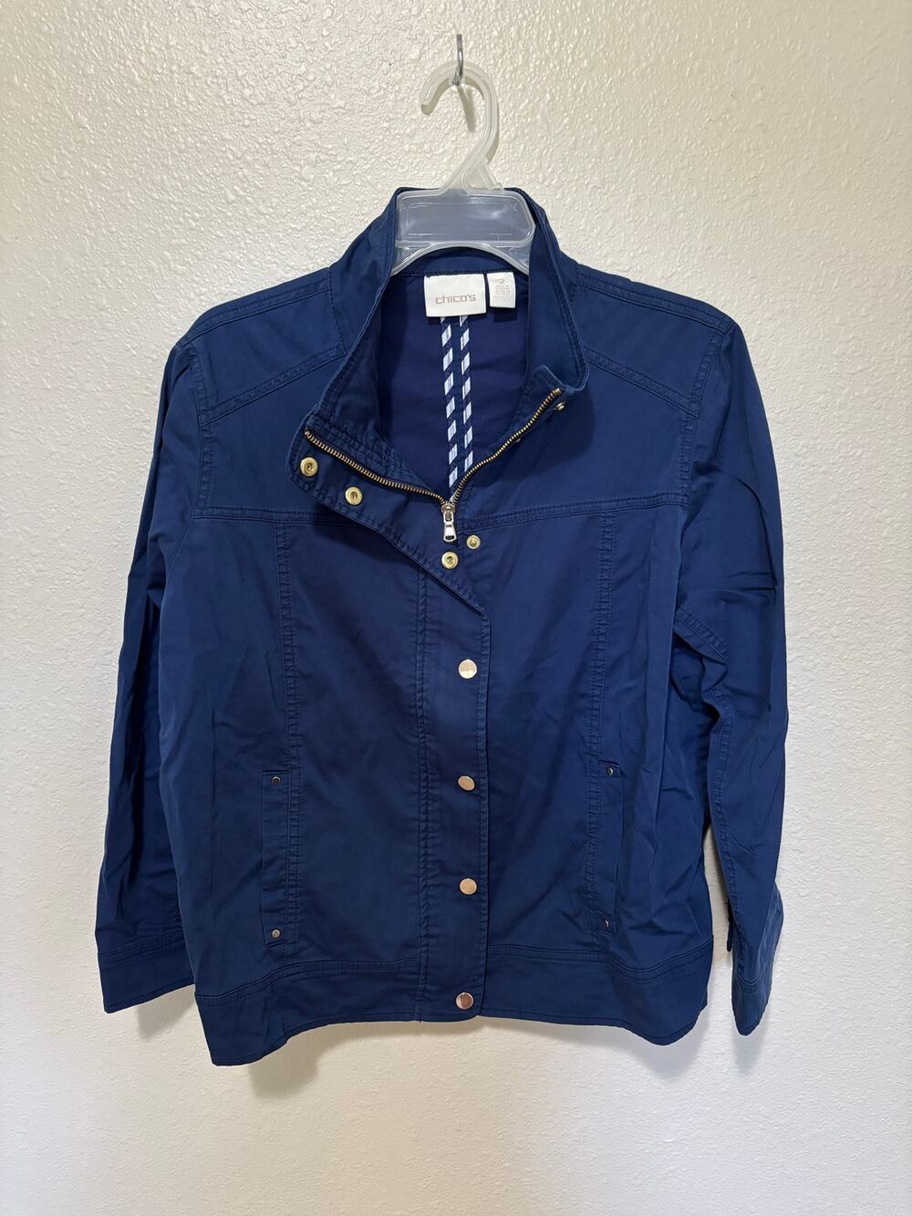 Women’s Chico's Navy Twill Utility Jacket Roll Zip Snap, size 2 / US 12 L Large